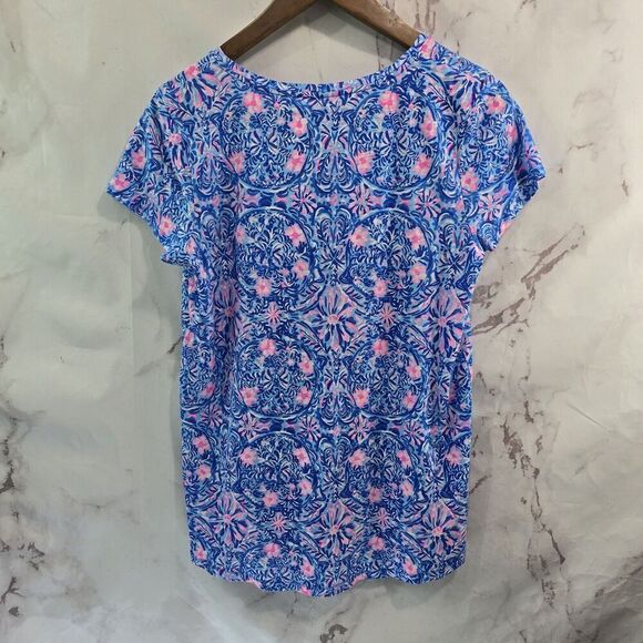 Lilly Pulitzer Shirt Womens Small Blue Pink Geometric Short Sleeve V Tee T Etta - Picture 5 of 11